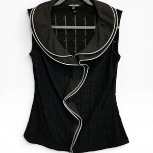 Samuel Dong Black Open Knit Ruffle Zip Trim Sleeveless Top Avant Garde M New